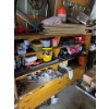 Image 1 : Shelving unit with chains, various items, chainsaw bar oils, camp fuels, unknown items in drawers. u