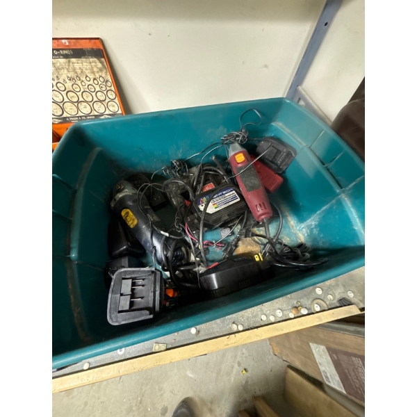 Box of chargers, angle grinders, 12 volt battery charger/maintainer