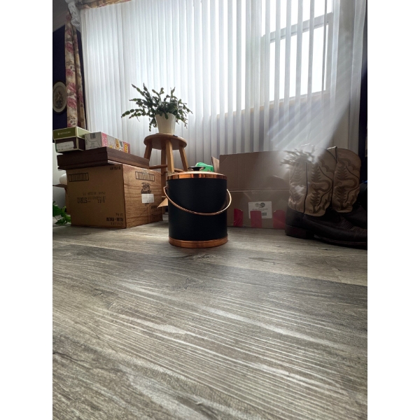  vintage Mid-Century Modern ice bucket, likely produced by Coppercraft Guild, featuring a copper bod