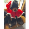 Image 2 : Plush bear wearing a Santa Claus jacket and hat, alongside a plush monkey. Both items are made of sy