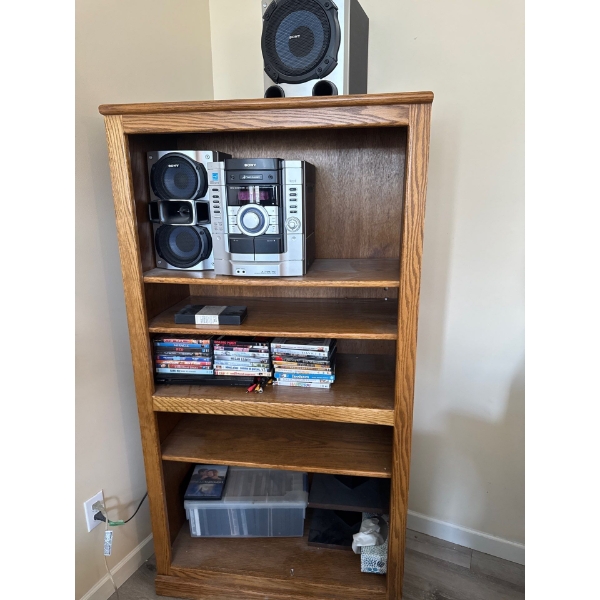 Nice wooden shelving unit 33in wide and 62.5in tall and 17in deep with Sony stereo, subwoofer and sp