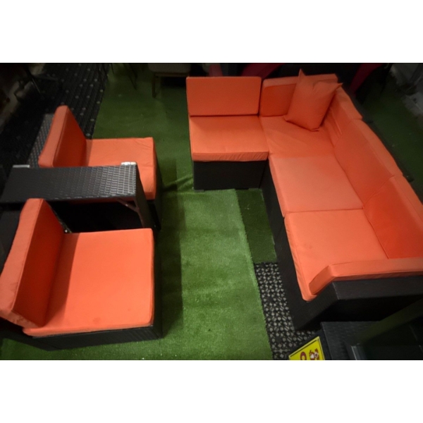 Aventura Orange Patio Sectional Sofa & Chair Set- Indoor/Outdoor w/ Table Rattan/Wicker 32"dx28"back