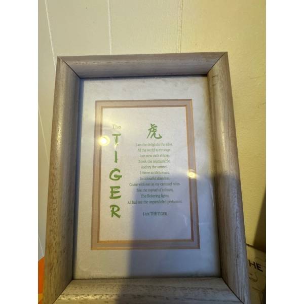 Small framed wall art "The Tiger" showcasing a creative poem, 6in by 8in