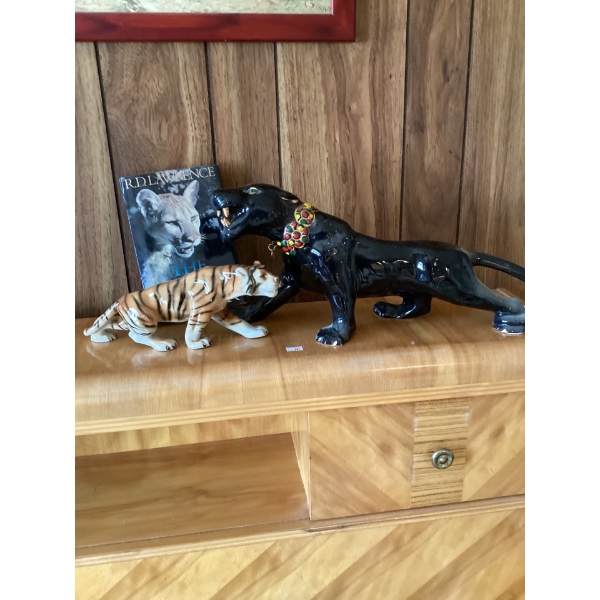 vintage mid-century modern (MCM) black ceramic panther figurine with green "jewel" eyes and a paint