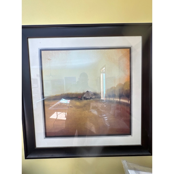  displays a framed painting depicting a rural landscape with a barn, possibly an original piece