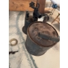 Image 9 : One metal blow torch with a wooden handle, one ribbed metal oil or fuel can, and a group of metal an