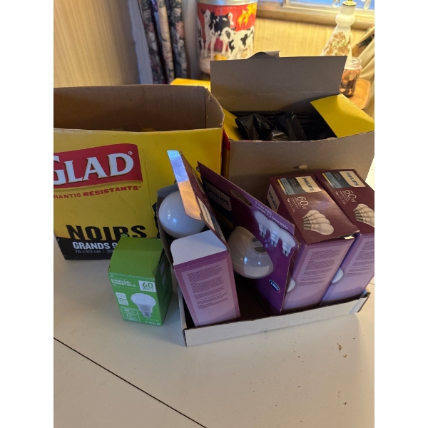 Phillips 60 watt LED light bulbs and Glad garbage bags, large