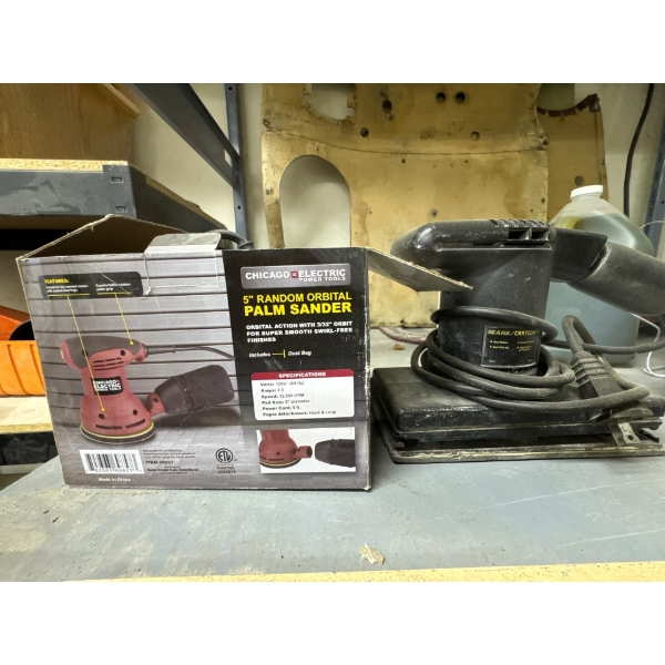 Two power sanders, Chicago Electric five inch random orbital palm sander and Sears Craftsman dual mo