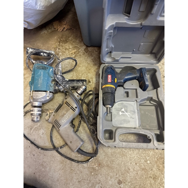  power tools, including a Ryobi HP412 12V 3/8" Cordless Drill/Driver in its carrying case, alongside