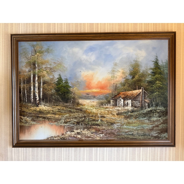 This is a vintage signed oil painting of a landscape featuring a cabin. The painting depicts a rust