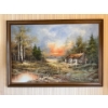 Image 1 : This is a vintage signed oil painting of a landscape featuring a cabin. The painting depicts a rust