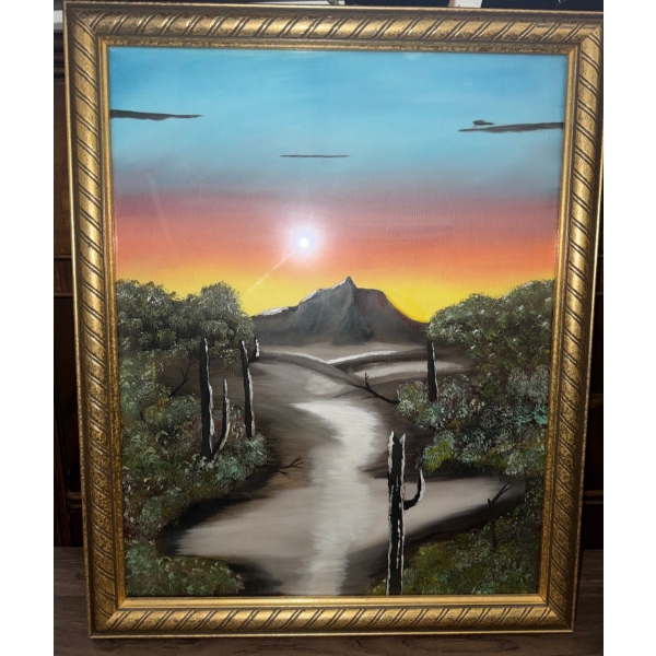 Southwestern Oil Painting Scene Bob Ross Inspired  17"x21"tall Unknown Artist