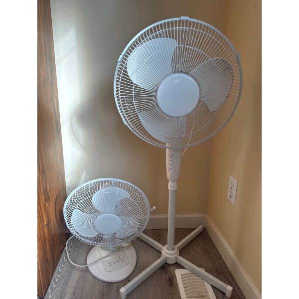 Two fans, one desk fan, one tall fan, both in working condition