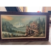 Image 9 : Oil painting depicting a mountainous landscape with pine trees and a winding path, presented in a ca