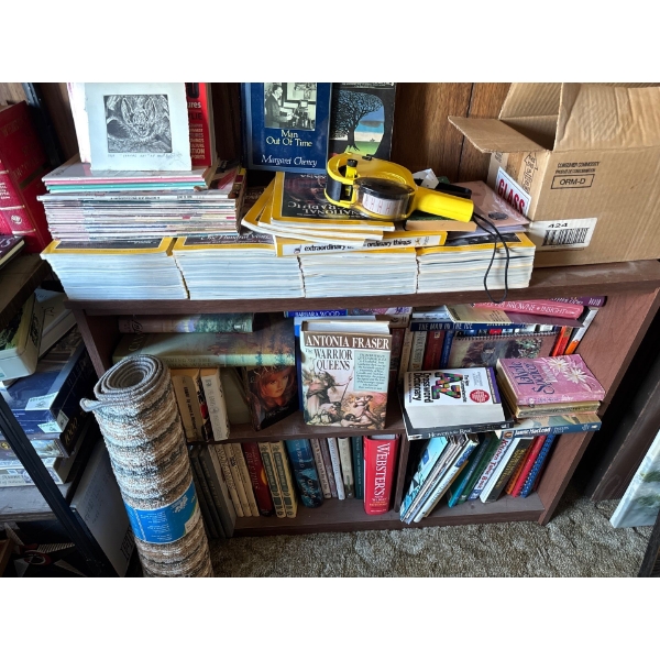 Book collection with bookcase, National Geographic set, Canadian geographic Tesla book and box full 