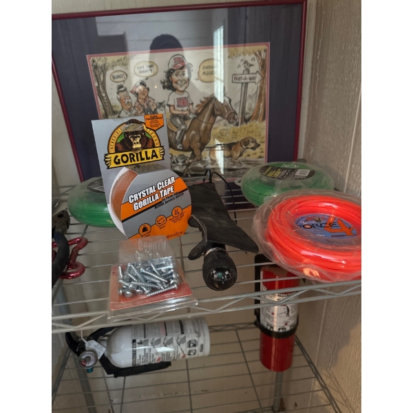 Three rolls of whipper snipper wire, crystal clear gorilla tape, Rambo knife and lighter