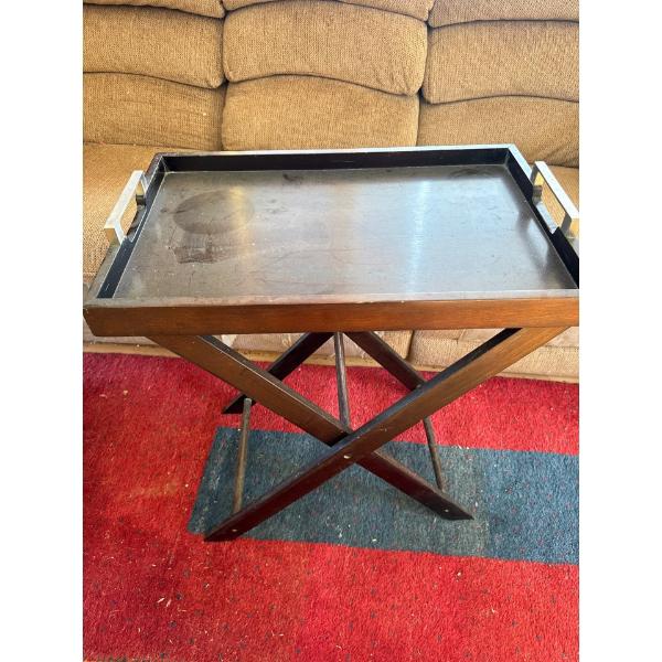 Very nice wooden TV tray with steel handles.