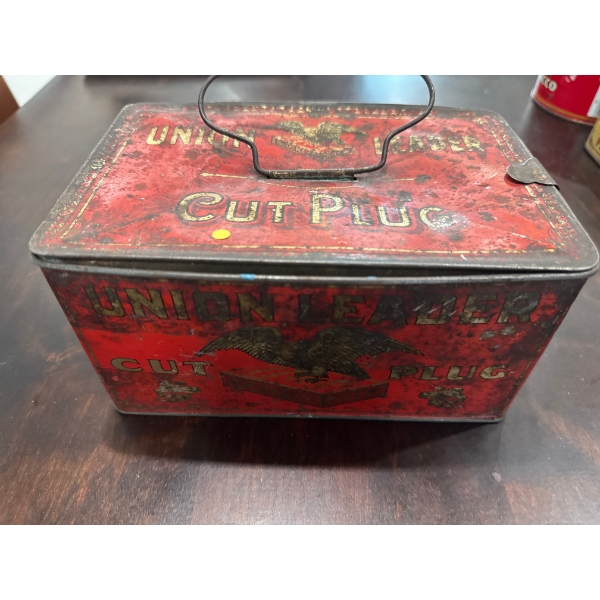  vintage Union Leader Cut Plug tobacco tin, which served as a collectible container, often used as a