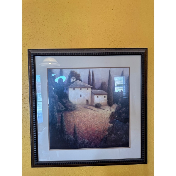 This item is a framed art print by artist James Wiens depicting a Tuscan villa scene, produced by Ar