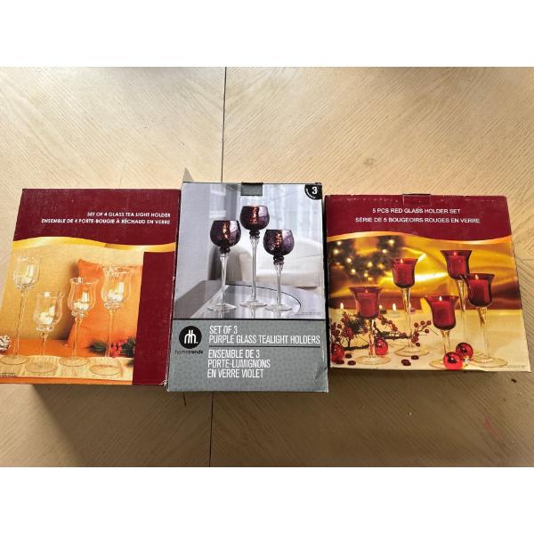 Candle holders. Set of three purple glass tea light holders. Set of four glass tea light holders. Fi