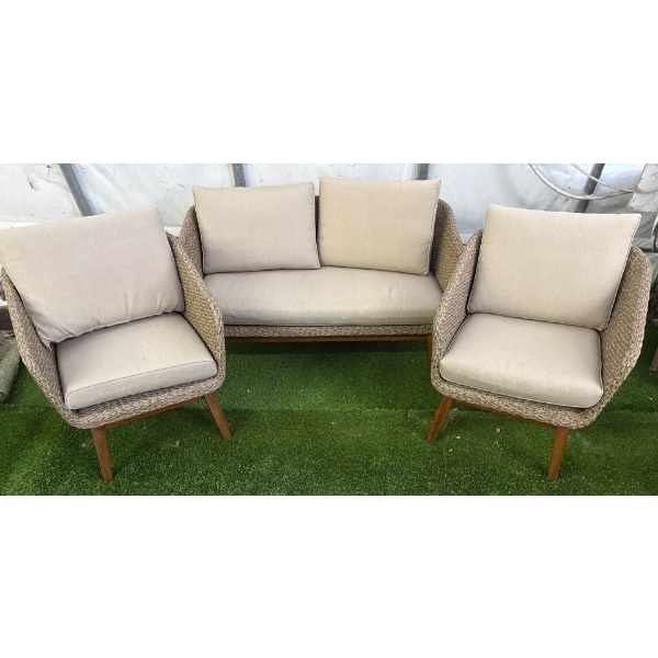 Mid Century Modern Style Outdoor Living Wicker Furniture w/Cushions  Two Seater Sofa & Two Arm Chair