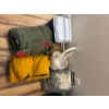 Image 1 : Miscellaneous camping items such as table cloths, picnic basket, small rubbermaid cooler and two sin