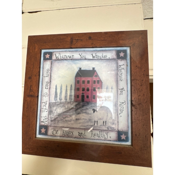 Framed folk art print titled "The Good Life" by artist Pat Fischer. Primitive Americana folk art fea