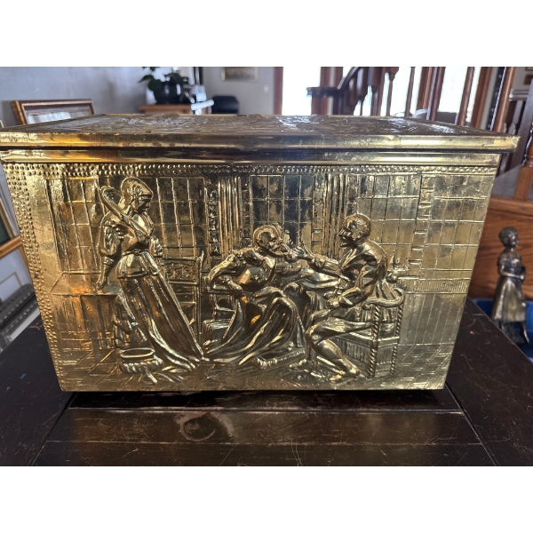 vintage embossed brass and wood magazine rack or fire bucket, likely made in England during the mid-