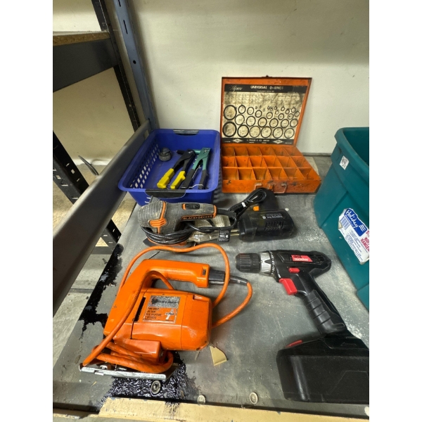 Power tools, Drill Master, Two black and decker, one is a jigsaw, one is a sander and universal o ri