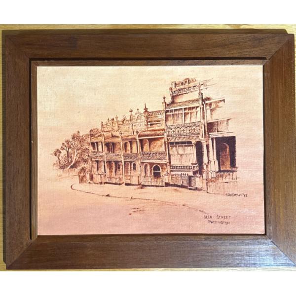  vintage artistic depiction of Victorian-style terrace houses, specifically identifying the location