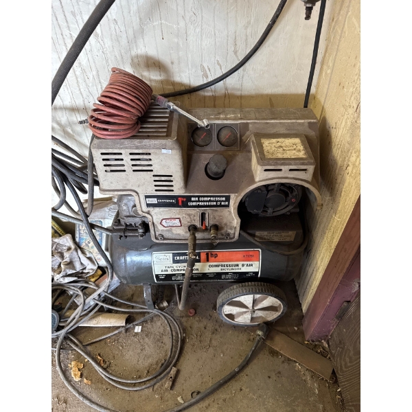  Sears craftsman one horsepower air compressor twin cylinder with wheels gauges attachments works gr