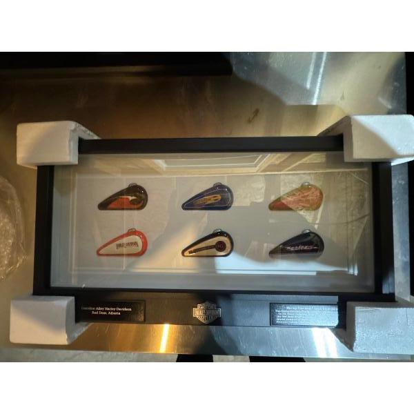 Harley Davidson tank collection. Mini tanks. Gasoline alley Harley Davidson, Red Deer, Alberta. This