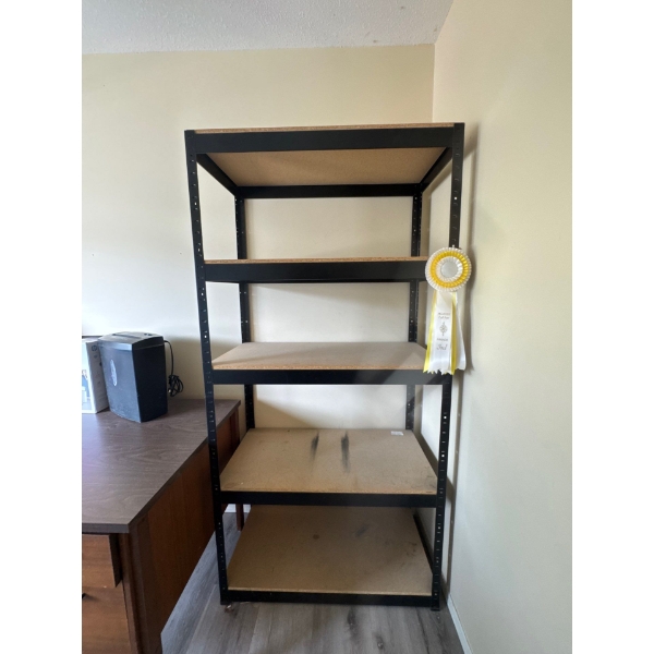 Steel rack shelving unit with five shelves. Dimensions are 36 inches wide by 72 inches high by 18 in