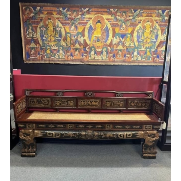 -1800-s Antique Chinese wooden bench with detailed carved scenic and floral motifs on back and front
