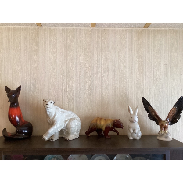 Fox, polar bear, grizzly bear, bunny, and eagle. 14 inch.