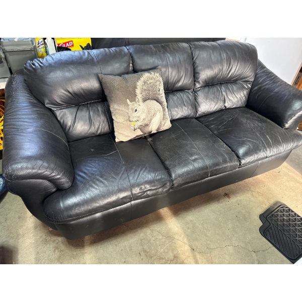 Black leather couch, in good condition. Measurements are stated in photo. Please come prepared to mo