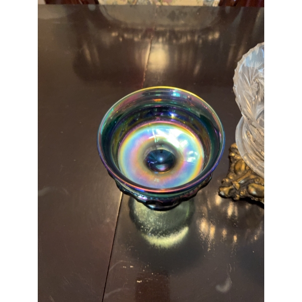Japanese ceramic oil lamp with floral design, a pressed cut glass compote or candy dish with ornate 