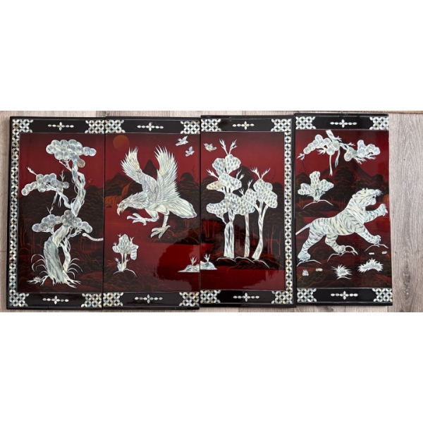 vintage set of four Vietnamese red lacquer wall panels featuring mother-of-pearl inlay work. 