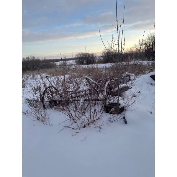 A piece of antique, horse-drawn farm equipment, likely a horse-drawn hay rake or reaper.