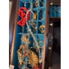 Image 2 : Wooden jewelry box with blue felt lining and divided compartments, containing assorted costume jewel