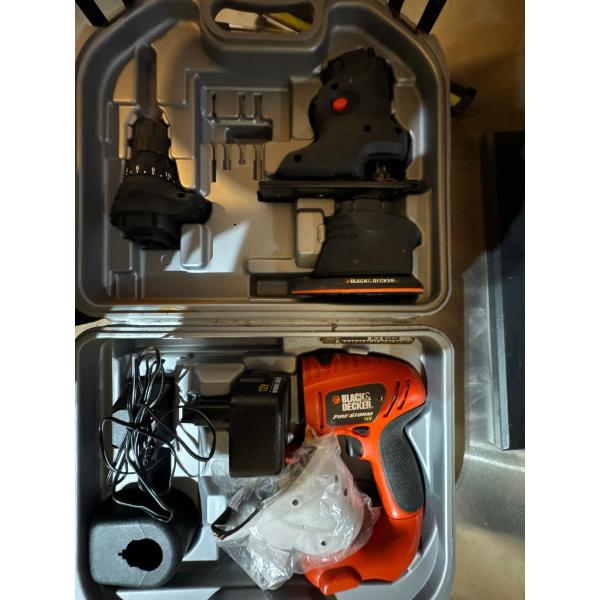 Black and Decker power sander with drill bit attachment, jigsaw attachment, and sanding attachment