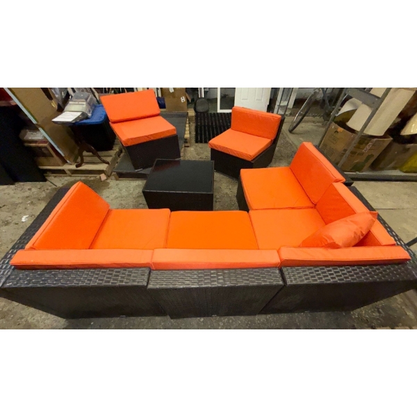 Modern Orange L-Shaped Sectional Wicker Sofa Set w/ Two Armchairs ++ Cushions