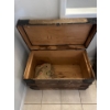 Image 3 : 100 plus year old train vintage luggage trunk featuring reinforced latches, a worn exterior finish