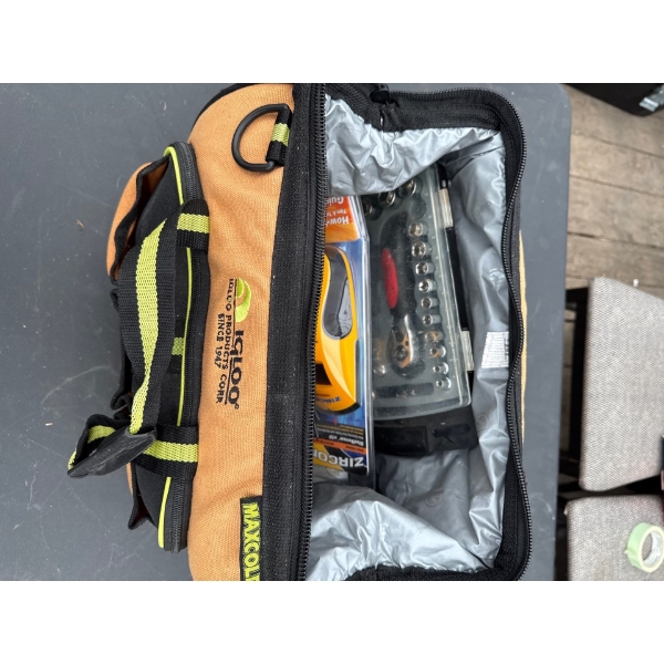 Igloo Max Cold cooler with various hand tools inside. SOCKET SET AND STUD FINDER BRAND NEW