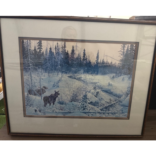 Framed Painting of a Winter Wildlife Landscape/Snowy Forest Scene