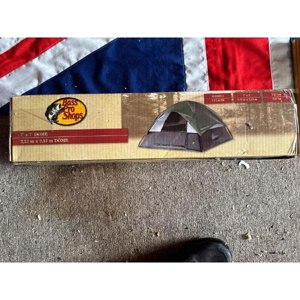  Bass Pro Shops dome tent.     Capacity: Designed to comfortably sleep 3 people. Dimensions: Measure