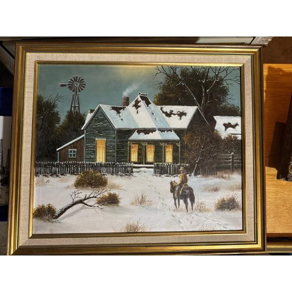 framed original oil painting depicting a winter rural scene. 
The painting features a rustic farmhou