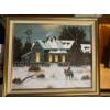 Image 1 : framed original oil painting depicting a winter rural scene. 
The painting features a rustic farmhou