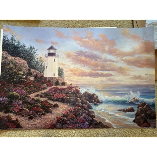  print of a painting depicting a coastal landscape with a lighthouse and a path along the cliffs.
Th