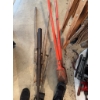 Image 1 : Multiple post hole diggers with wood and metal handles, a pair of long-handled red metal diggers, an